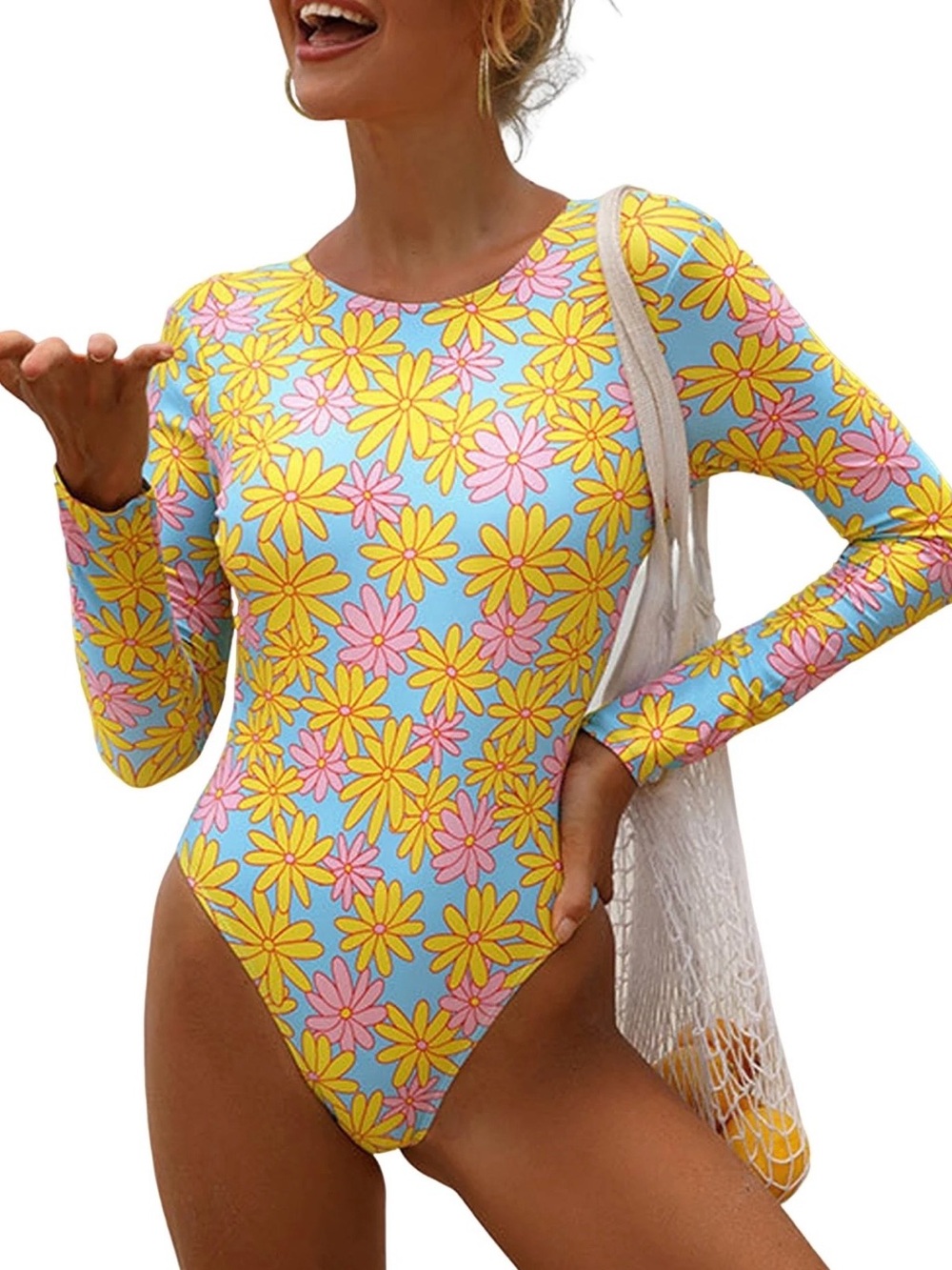 Daisy Print Long-Sleeve Rash Guard One-Piece Swimsuit - Blue/Yellow/Pink - Picture 7 of 10